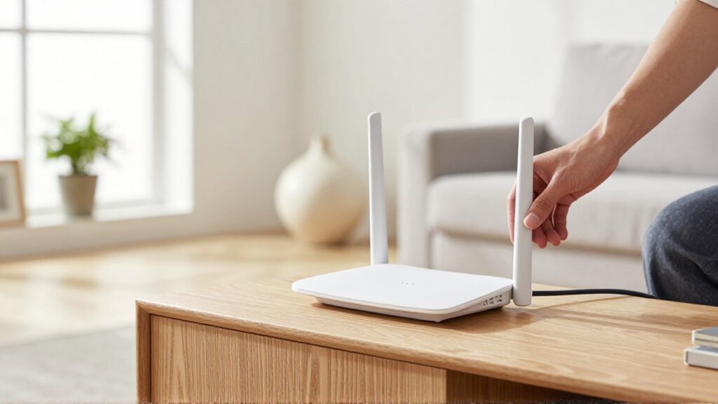 Un router inalámbrico moderno sobre un aparador de madera con una planta y un jarrón.