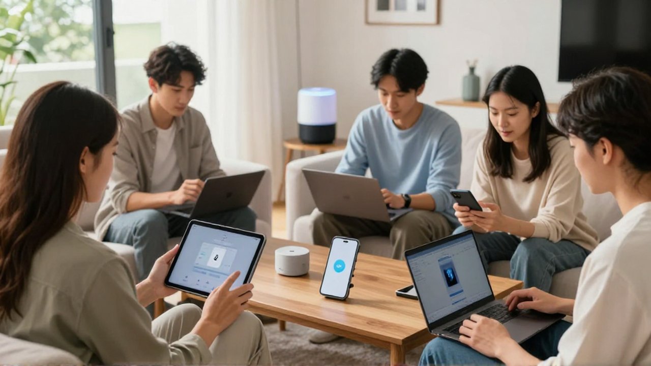 Un grupo diverso de personas usa tablets, teléfonos y portátiles en un salón moderno con dispositivos inteligentes.