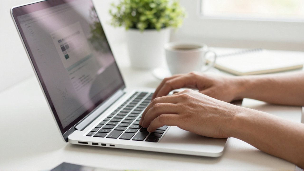 Manos de una persona escribiendo en el teclado de un portátil junto a un café y un cuaderno.