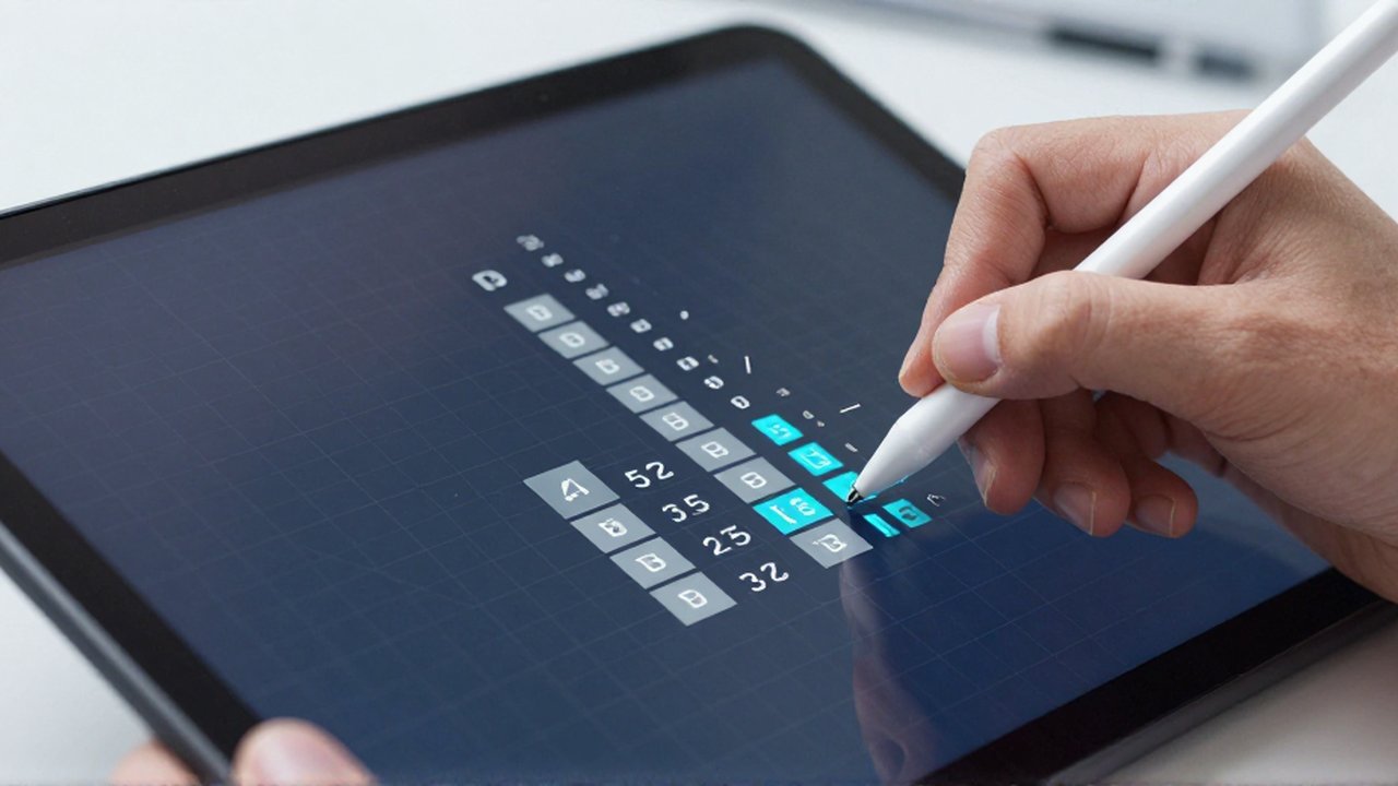 Una mano usa un lápiz digital sobre una tableta de vidrio que fragmenta texto en bloques geométricos, números y vectores.