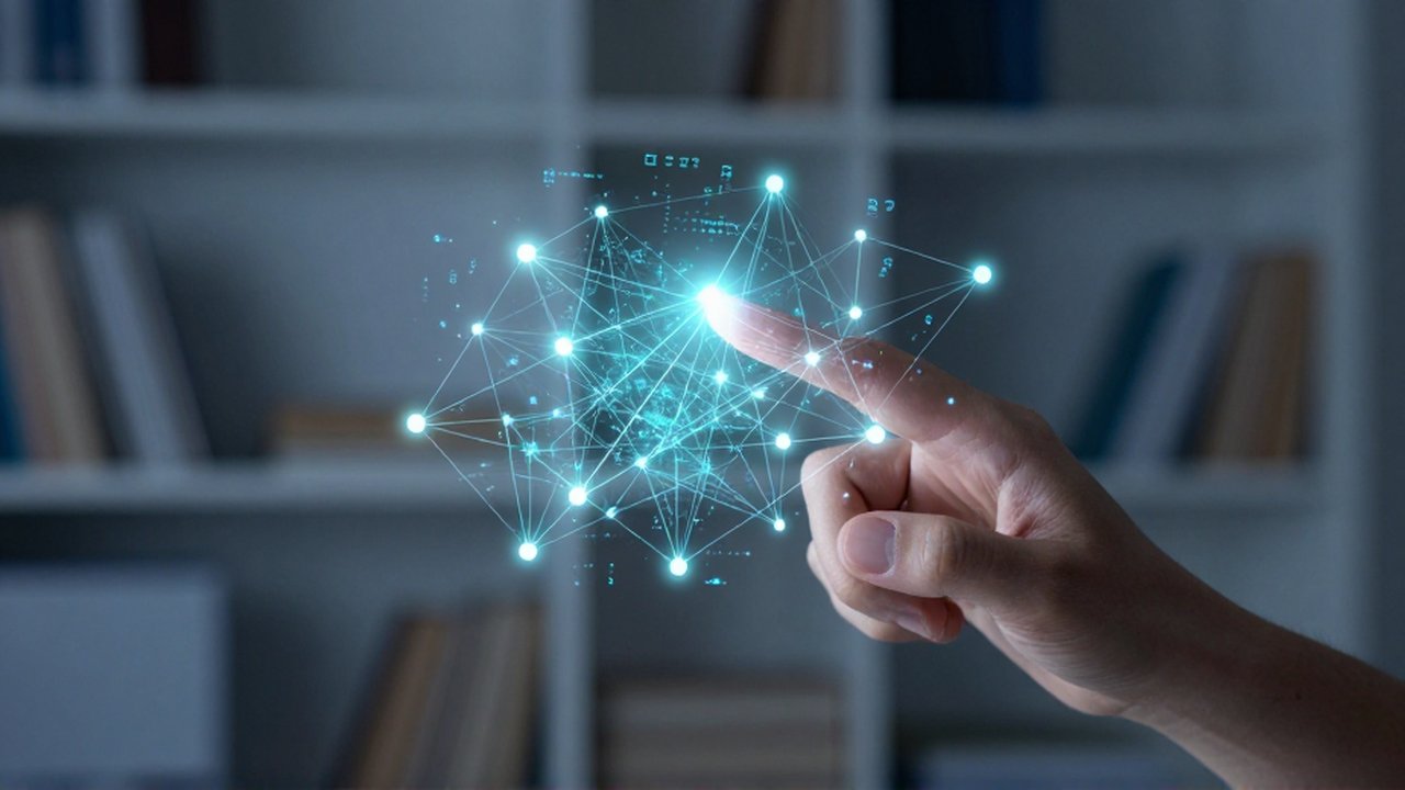 Una mano gesticula hacia una proyección holográfica de nodos matemáticos brillantes en un estudio oscuro.