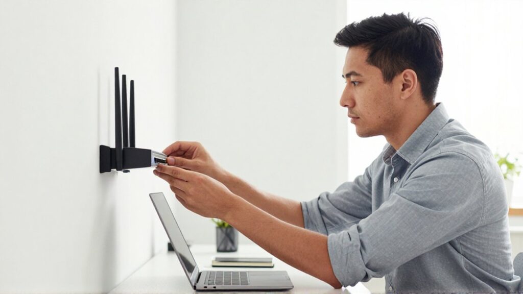 Un técnico ajusta un router Wi-Fi en una pared blanca junto a un portátil.