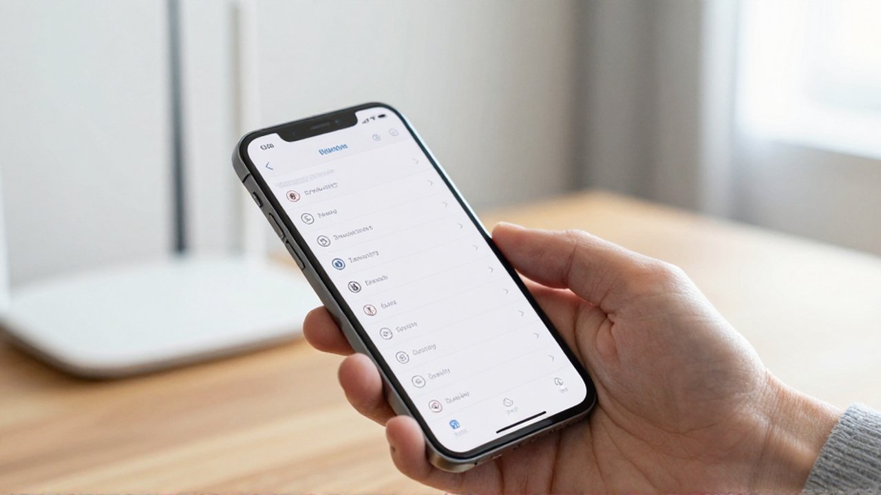 Una mano sostiene un teléfono inteligente configurando un protocolo de seguridad en un escritorio.