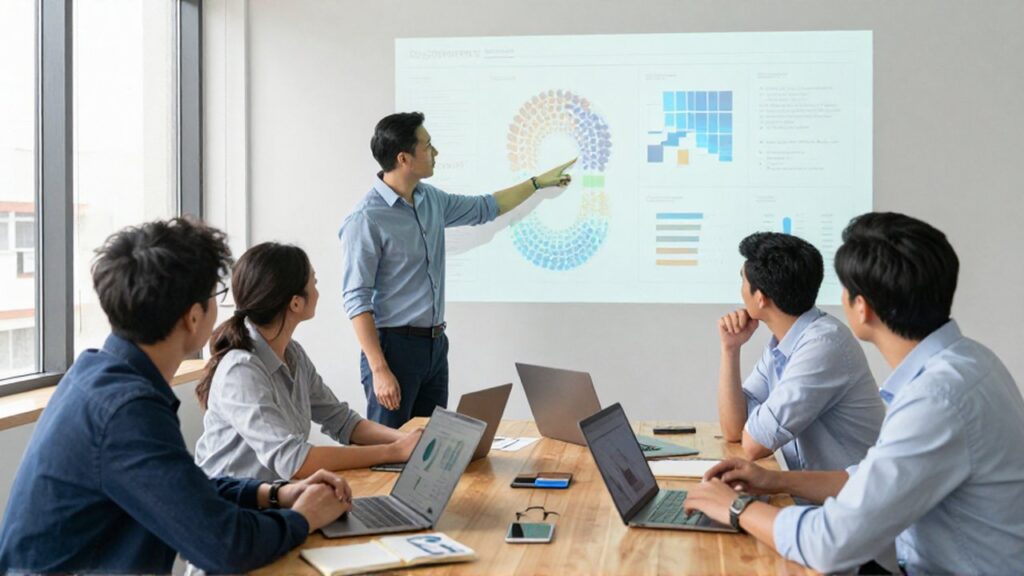 Un grupo diverso de profesionales analiza una visualización de datos proyectada en la pared de una oficina iluminada.