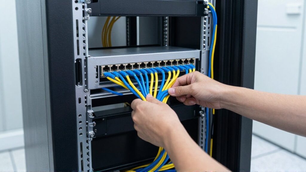 Un técnico organiza cables Ethernet azules y amarillos en un rack de servidores blanco.