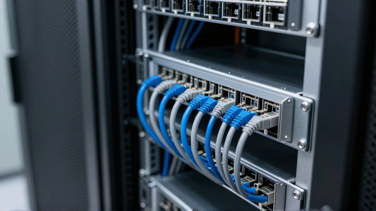 Cables ethernet azules y grises organizados meticulosamente en guías metálicas dentro de un rack.