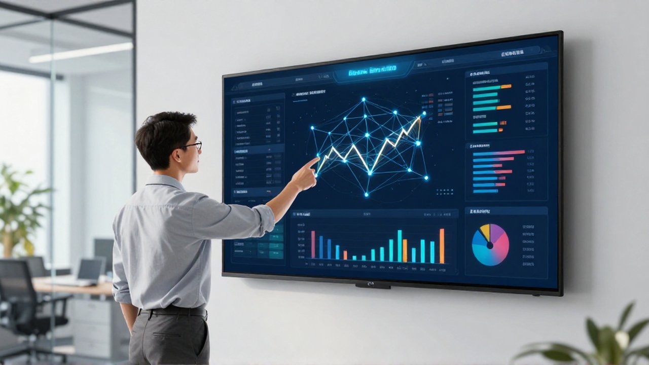 Una persona en una oficina moderna señala un panel de datos en una pantalla digital.