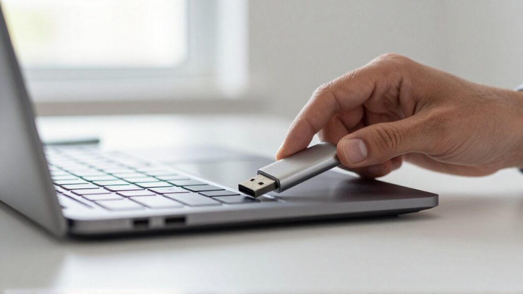 Una mano inserta una memoria USB metálica en el puerto de un ordenador portátil.