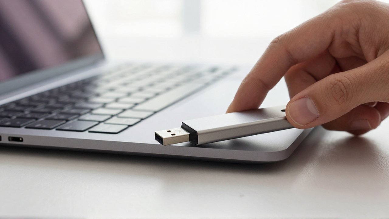 Una mano inserta una memoria USB metálica en el puerto lateral de un portátil moderno.
