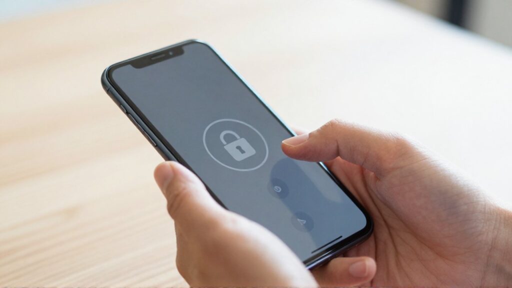 Unas manos sostienen un smartphone y un dedo pulsa un icono de seguridad sobre una mesa de madera.