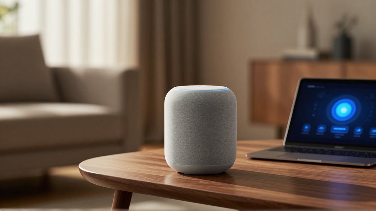 Altavoz inteligente minimalista sobre una mesa de madera en un salón luminoso y acogedor.