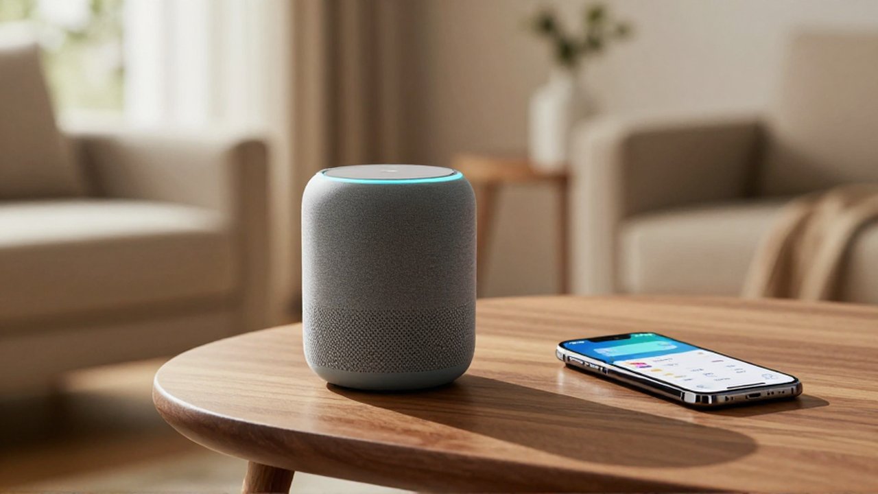 Altavoz inteligente con un anillo LED encendido sobre una mesa de madera junto a un smartphone.