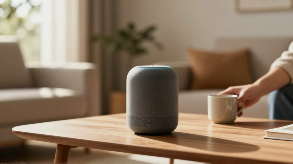 Altavoz inteligente moderno sobre una mesa de madera en una sala de estar iluminada por el sol.
