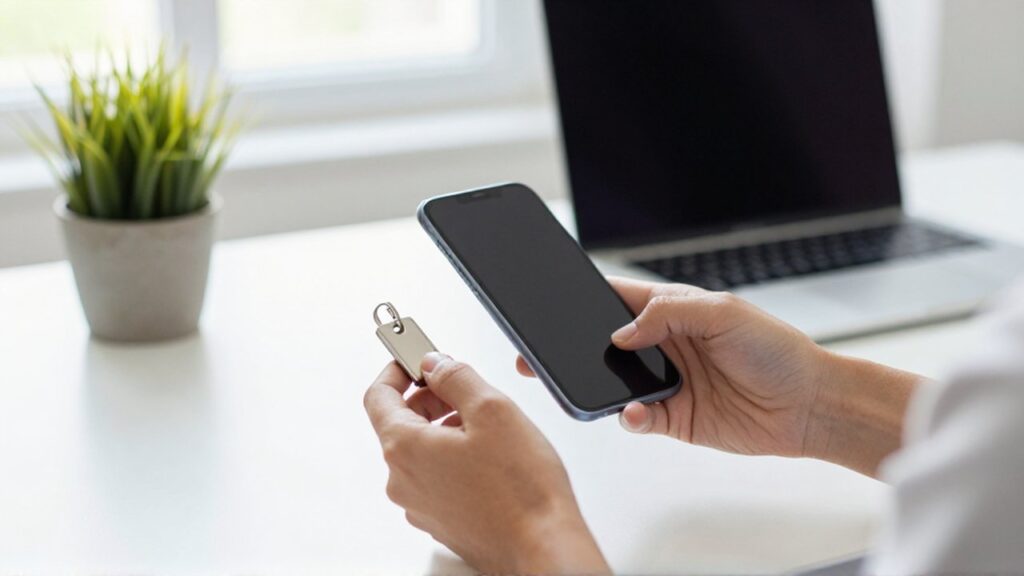 Una persona sostiene un teléfono inteligente y una llave de seguridad física en una oficina minimalista.