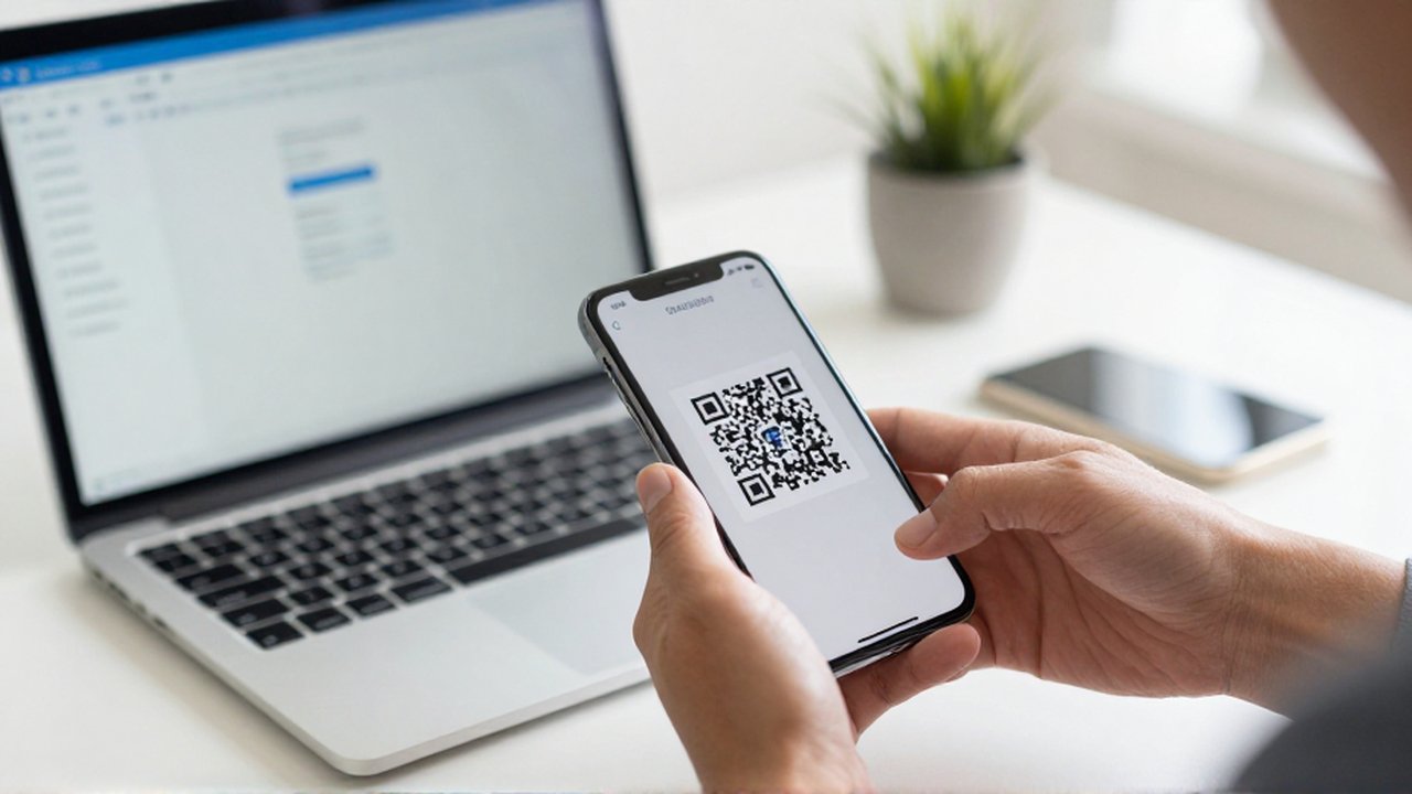 Una mano sostiene un teléfono inteligente para escanear un código QR en la pantalla de un portátil sobre un escritorio organizado.