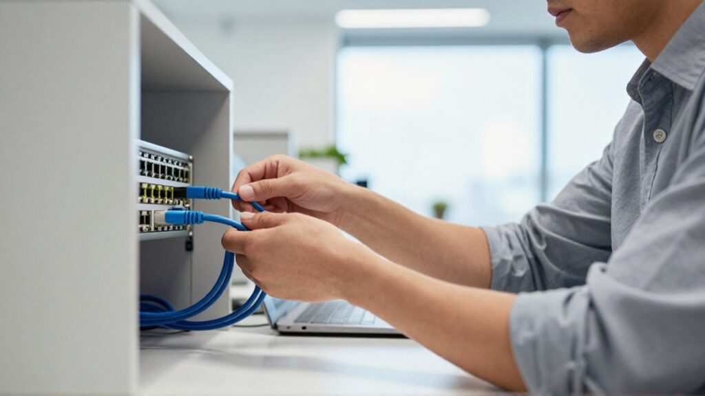 Un técnico conecta un cable Ethernet azul en un conmutador de red montado en la pared de una oficina.