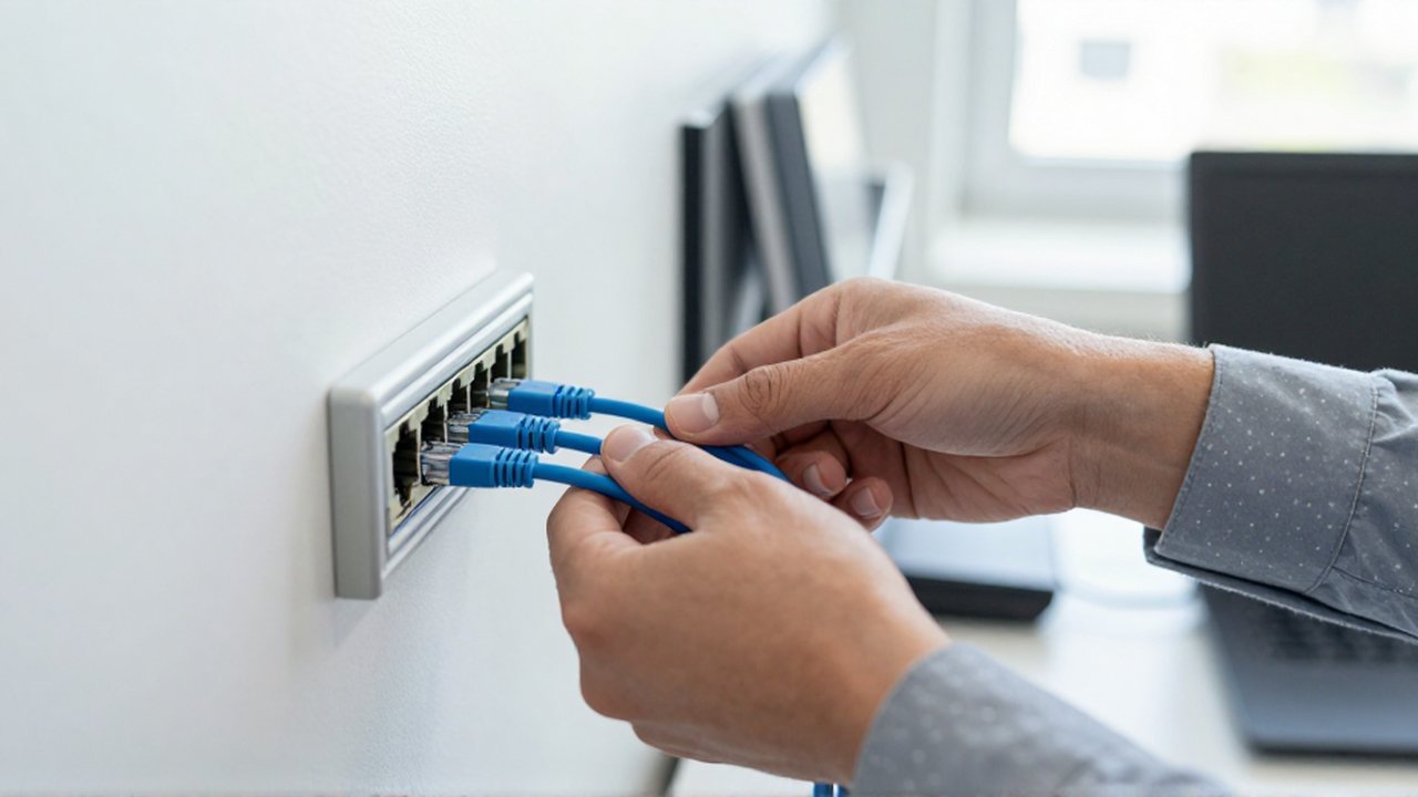 Unas manos conectan un cable Ethernet azul en un switch de red sobre una pared blanca.