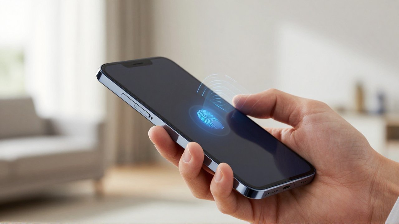 Mano de una persona utilizando el sensor de huella digital de un smartphone con una interfaz holográfica.