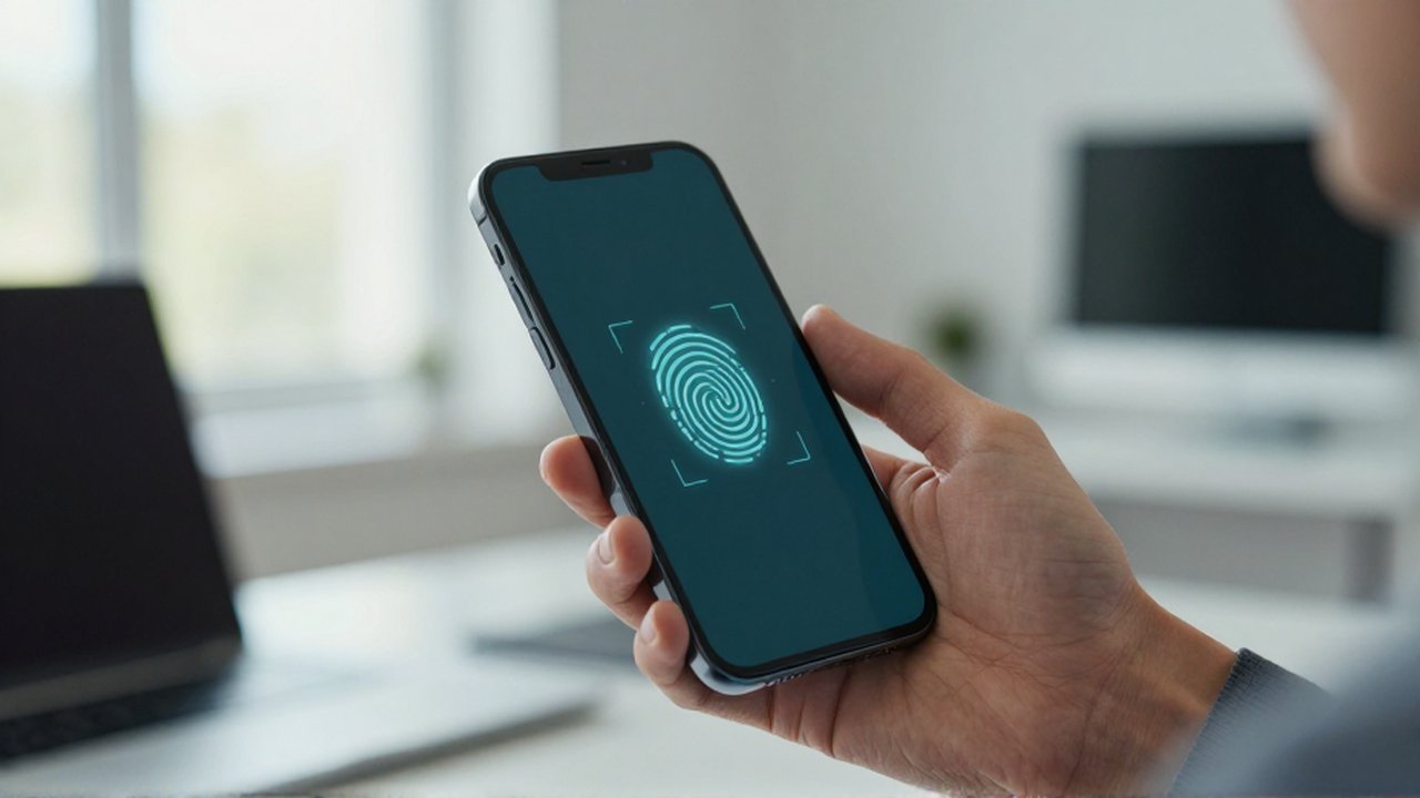 Mano sosteniendo un smartphone moderno con un icono de escaneo de huella digital en pantalla.