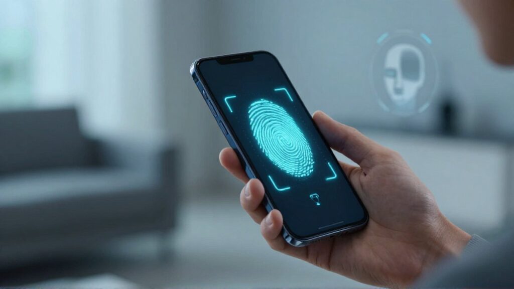 Mano sosteniendo un smartphone con una animación de escaneo de huella dactilar en un entorno tecnológico.