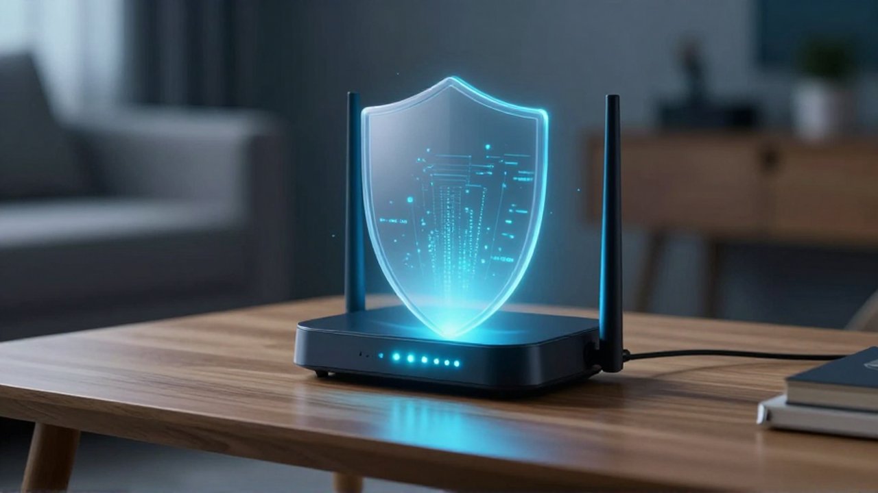 Router moderno con luces LED sobre un escritorio de madera protegido por un escudo digital azul.