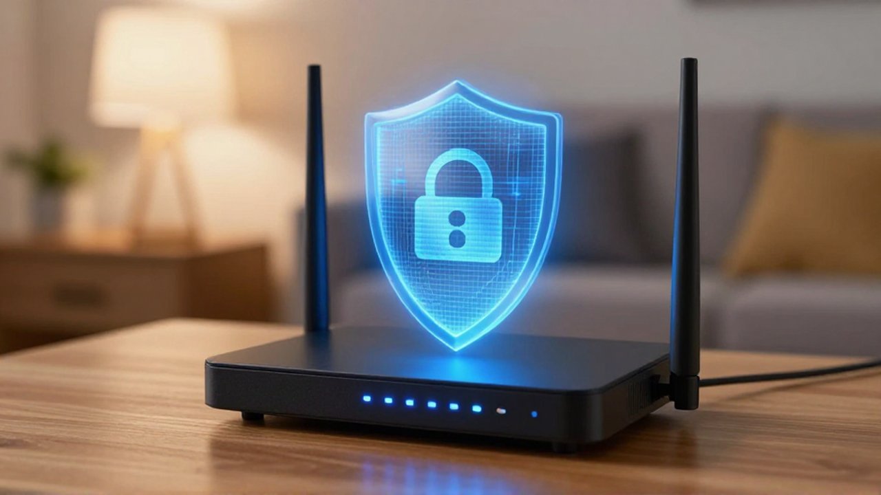 Router moderno sobre un escritorio de madera con un escudo digital azul que simboliza ciberseguridad.