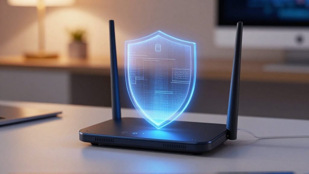 Router moderno de alta tecnología con luces LED azules sobre un escritorio en una oficina iluminada.