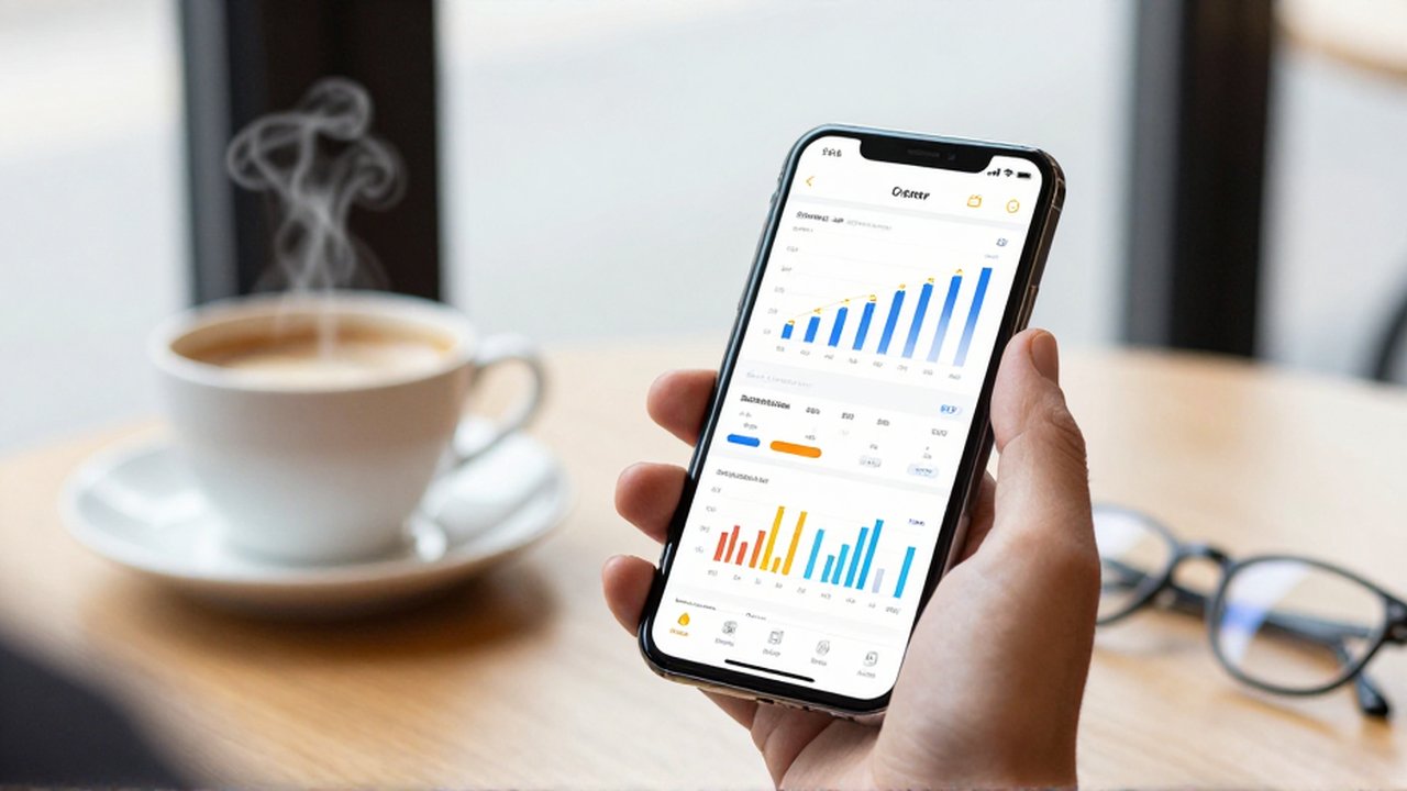 Persona sosteniendo un teléfono móvil con un panel de control financiero sobre una mesa de café.