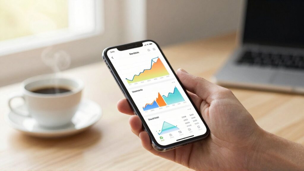 Mano sosteniendo un smartphone que muestra gráficos financieros sobre un escritorio con café.