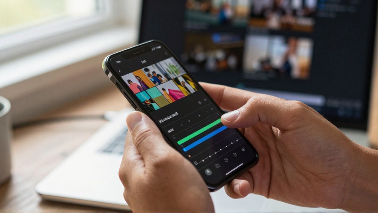 Manos de una persona editando un video en la pantalla de un smartphone en un entorno acogedor.