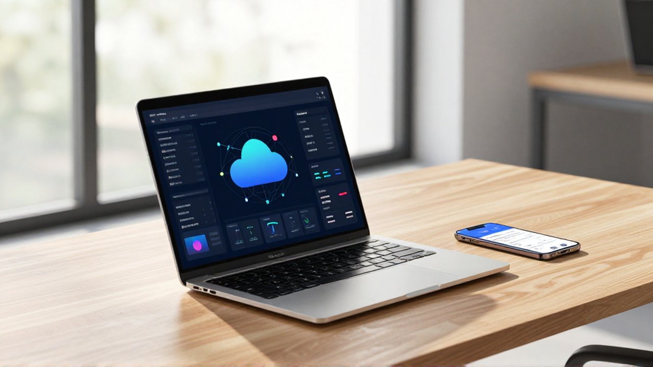Laptop sobre un escritorio de madera con un panel de datos y un smartphone junto.