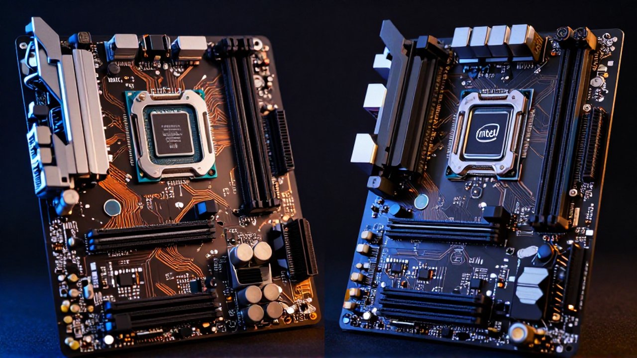 Dos placas base de alta gama con procesadores AMD e Intel y circuitos de cobre iluminados.