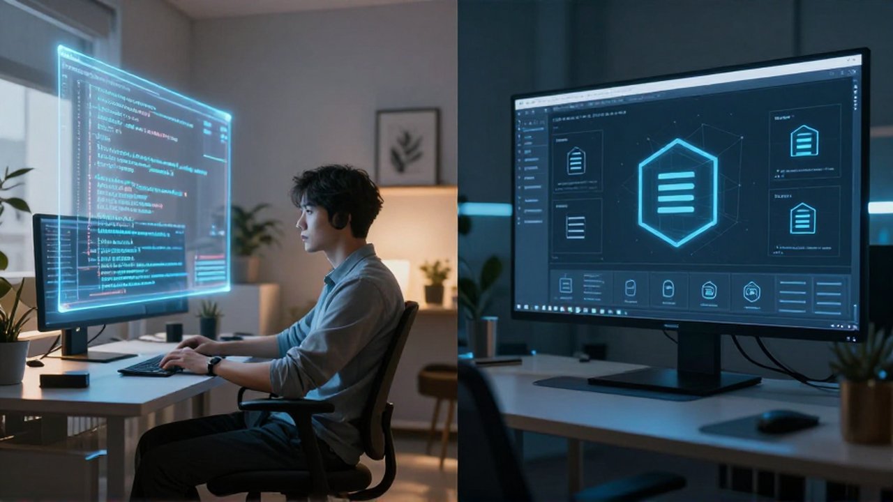 Programador pensativo frente a una pantalla dividida que simboliza la elección entre software libre y propietario.