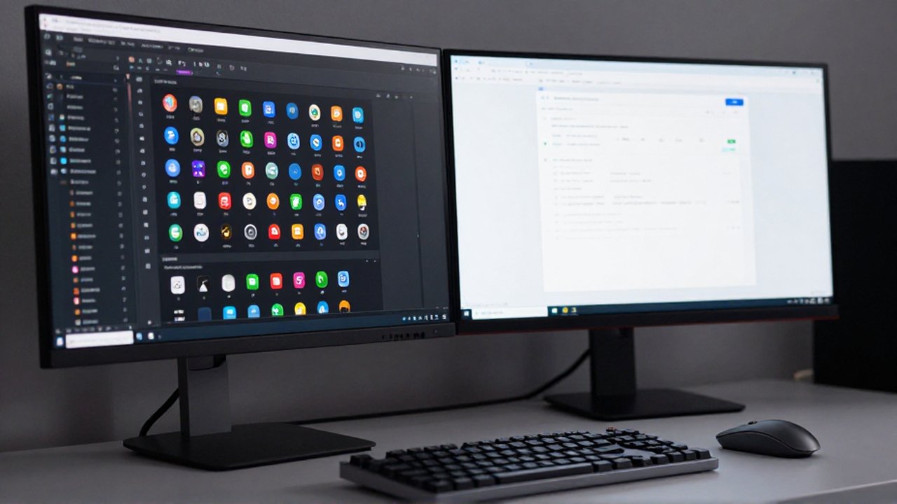 Dos monitores en un escritorio minimalista muestran un navegador con múltiples extensiones y otro con interfaz limpia.