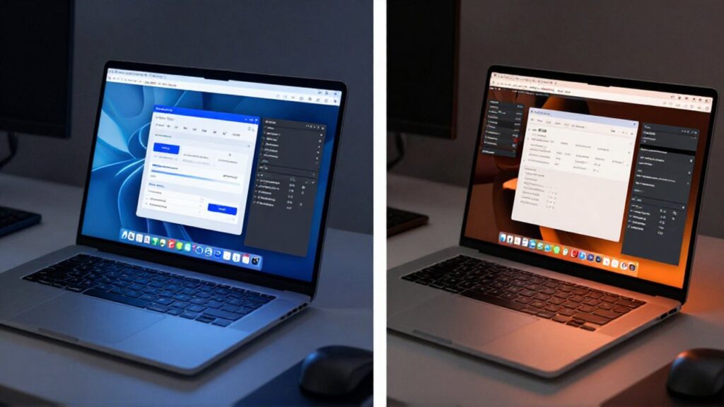 Laptop moderno sobre un escritorio minimalista mostrando dos interfaces de navegador con luces azules y naranjas.