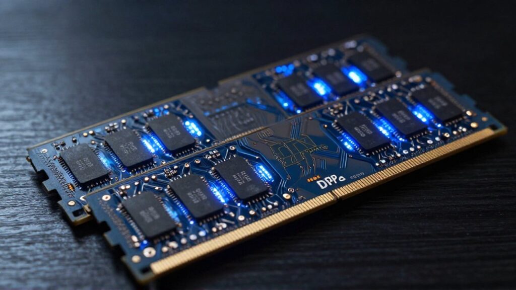 Dos módulos de memoria RAM DDR4 y DDR5 con detalles de microchips sobre metal oscuro.