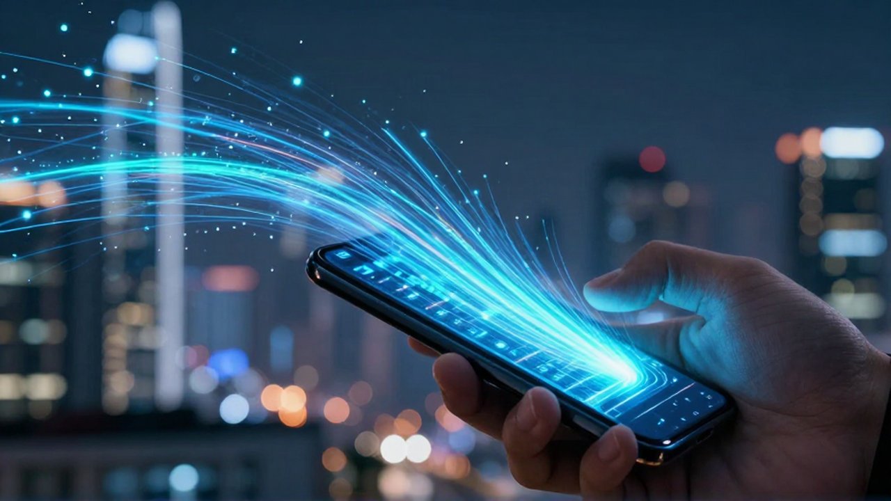 Smartphone de alta tecnología con flujos de datos luminosos sobre un fondo de ciudad futurista.