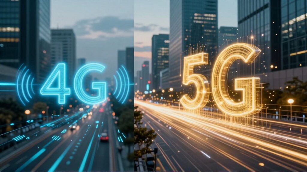 Comparación visual entre una calle urbana con ondas azules de 4G frente a una metrópolis moderna con estelas doradas de 5G.