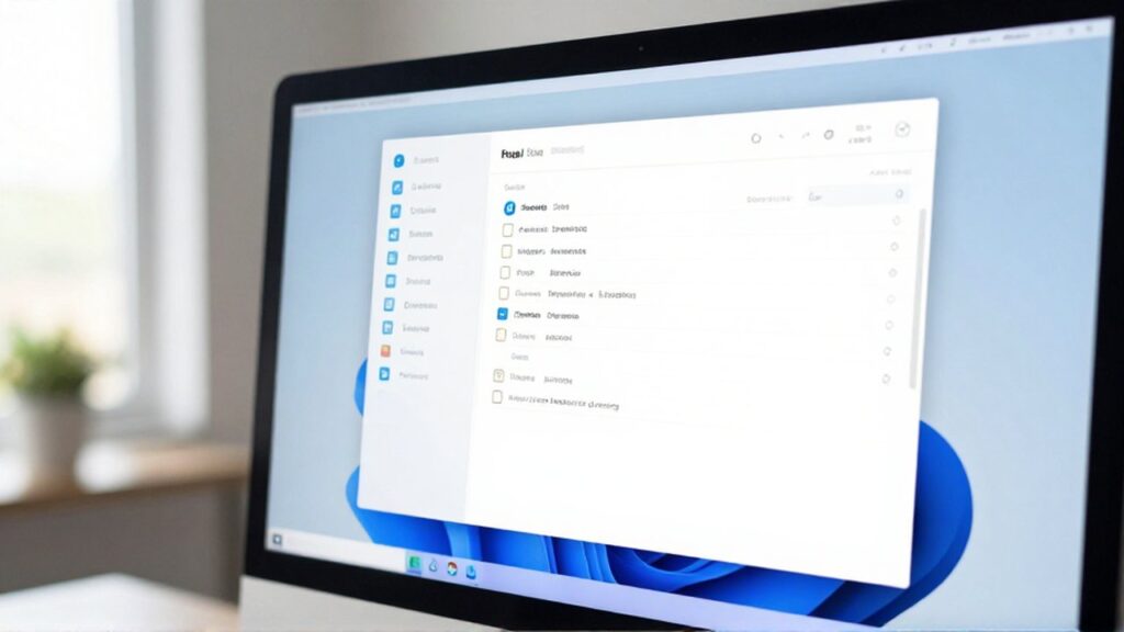 Monitor moderno con una interfaz digital organizada y minimalista sobre un escritorio de oficina.