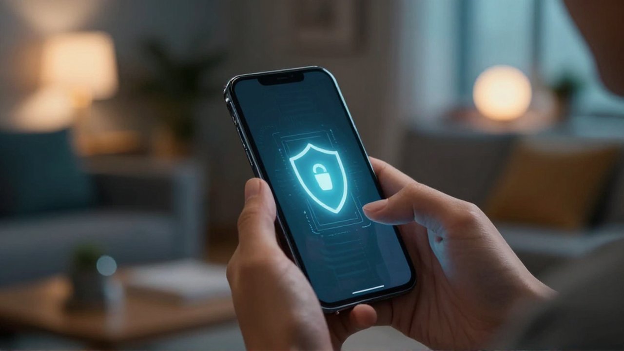 Manos sosteniendo un smartphone con un icono de escudo digital en una sala acogedora.