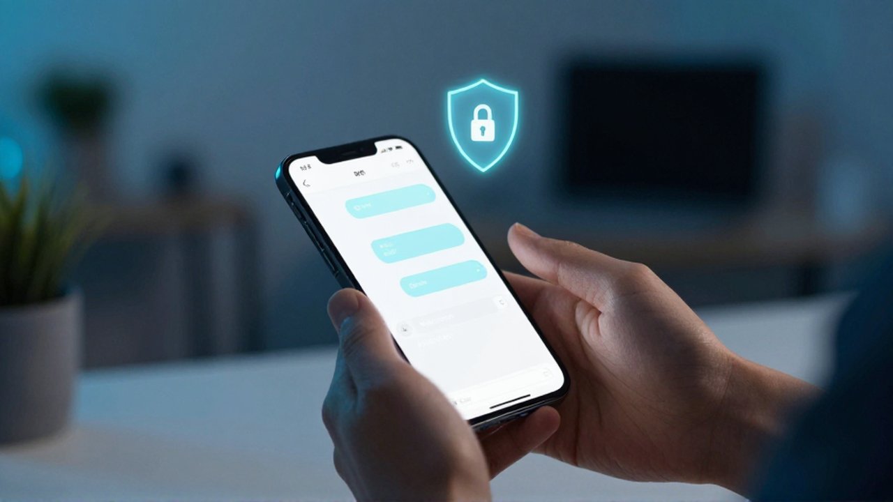 Manos sosteniendo un smartphone con un icono de escudo holográfico sobre un chat seguro.
