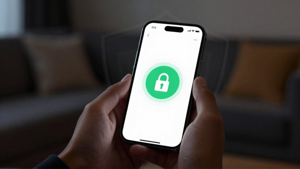 Manos sosteniendo un smartphone que muestra un chat seguro con un icono de candado verde.