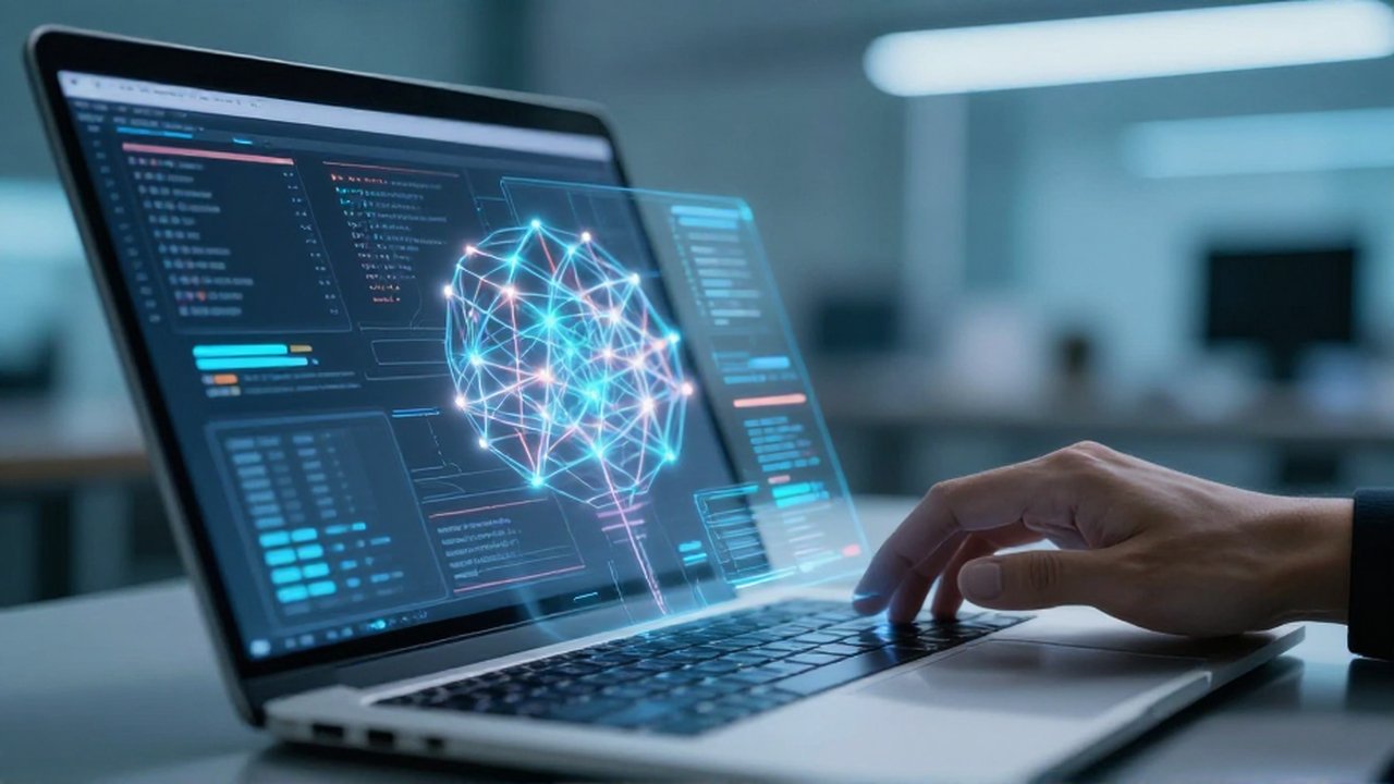 Mano de un programador interactuando con una interfaz holográfica y datos digitales sobre un portátil.