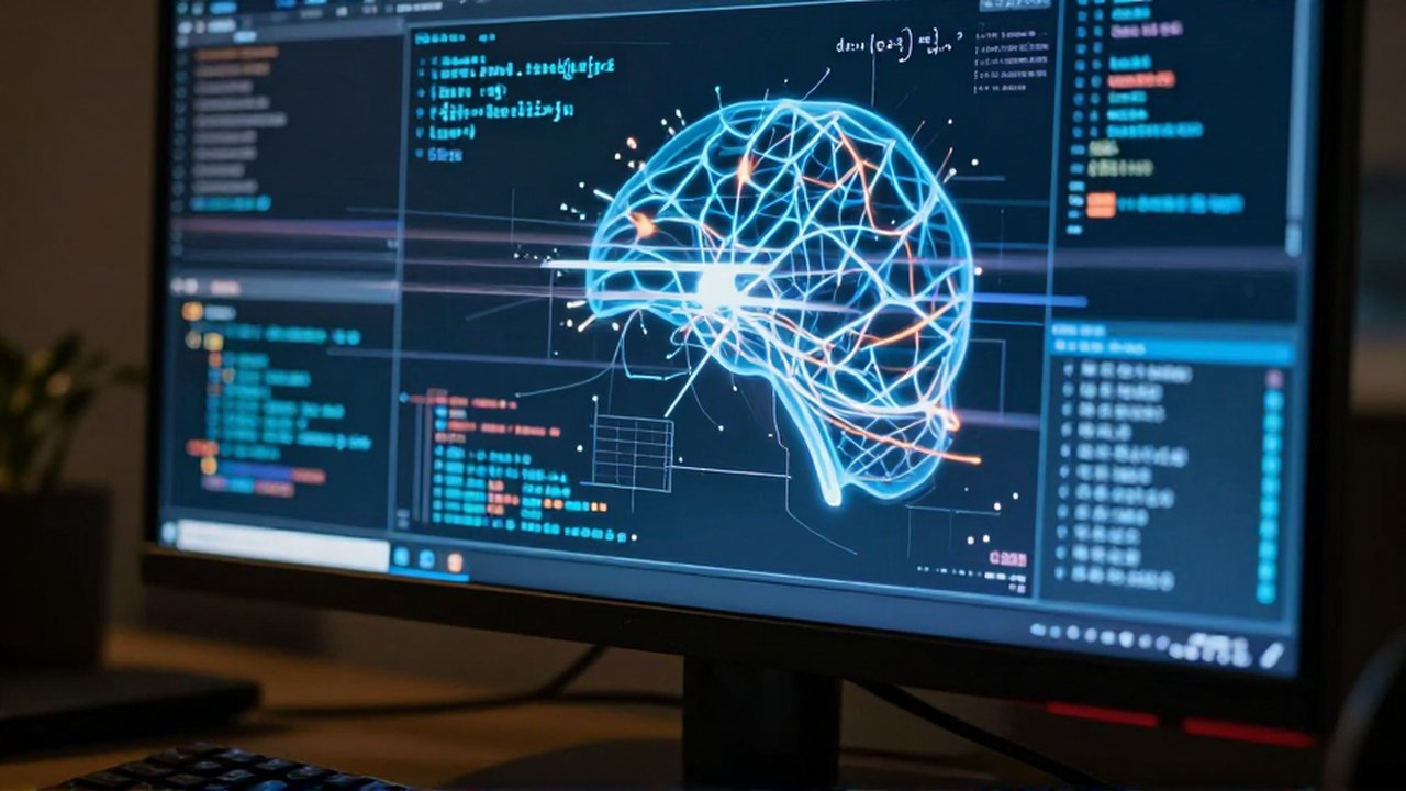 Monitor de computadora en un entorno tecnológico oscuro que muestra diagramas de redes neuronales con errores digitales.