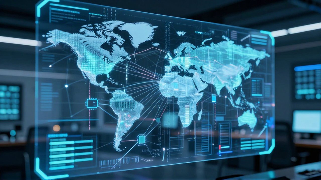 Centro de mando tecnológico con un mapa holográfico global de conexiones y flujo de datos digitales.