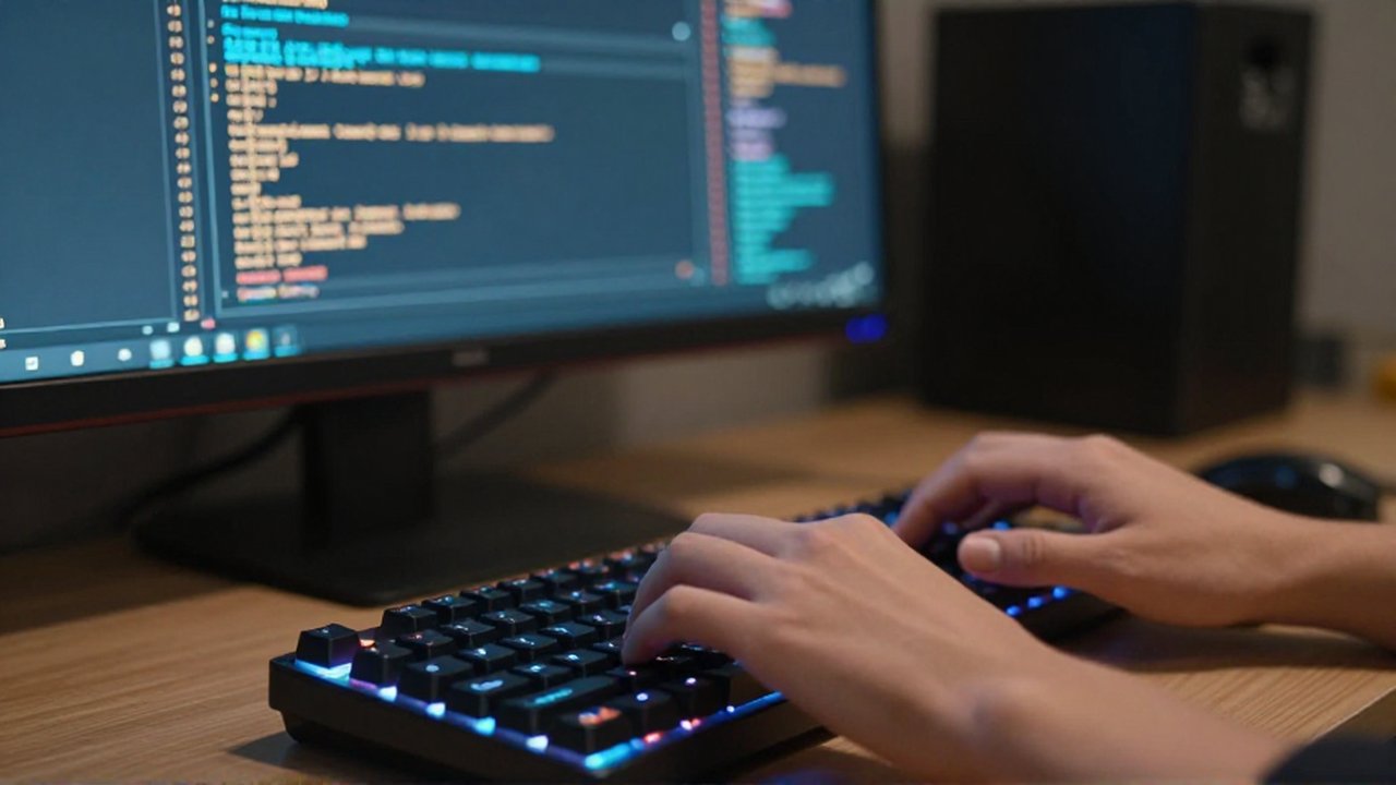 Manos escribiendo en un teclado mecánico retroiluminado frente a un monitor con errores de red.
