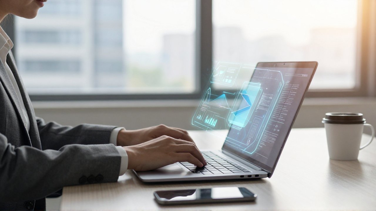 Persona trabajando en un portátil en una oficina moderna con interfaces digitales holográficas sobre el teclado.
