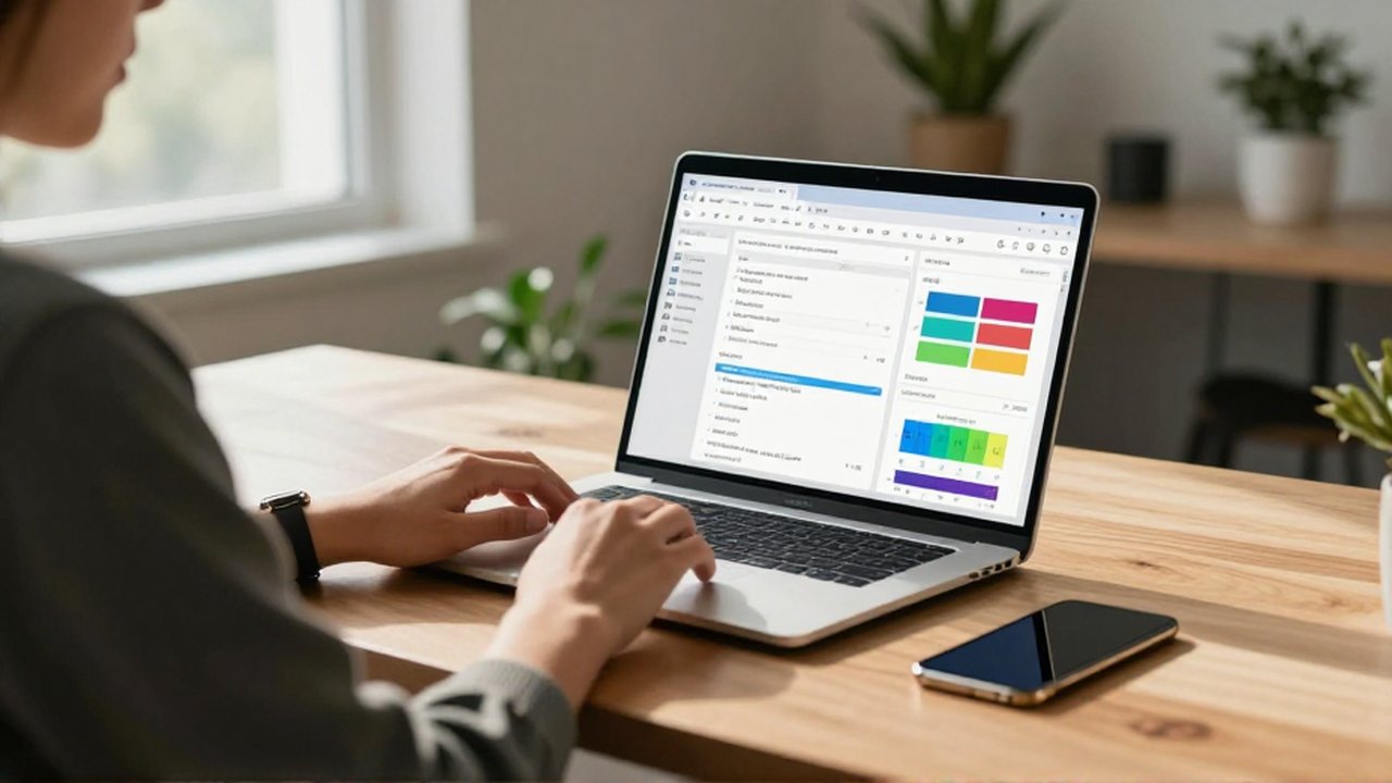 Especialista en marketing digital trabajando con gráficos de analítica en un escritorio luminoso y ordenado.