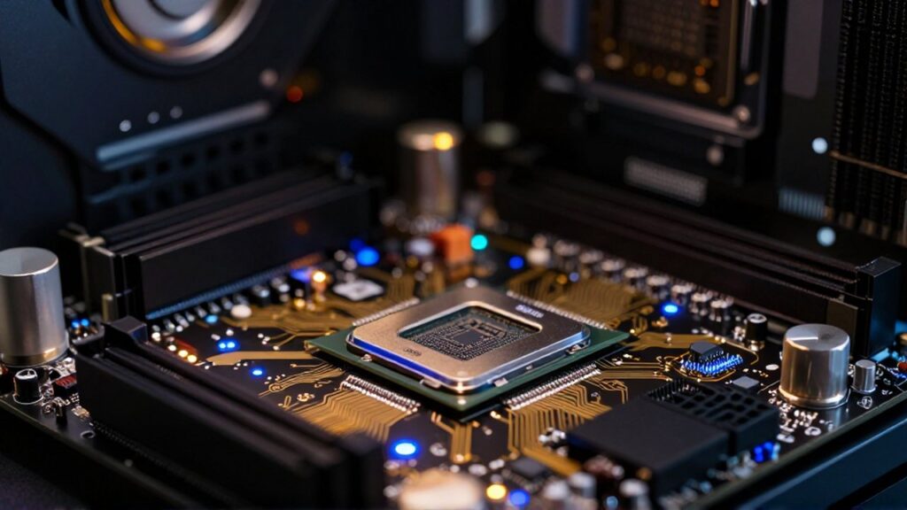 Primer plano de una placa base tecnológica con circuitos dorados y luces LED azules y ámbar.