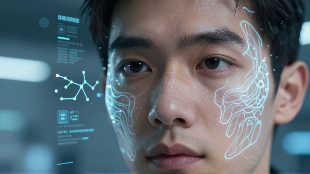 Primer plano de un rostro humano escaneado por una red neuronal digital de luz azul.